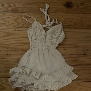 Women's White Ruffled Mini Dress - Tie Strap Sundress with open back